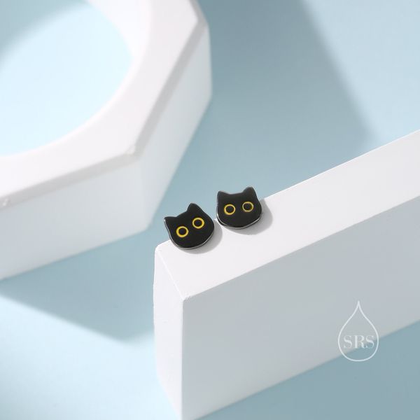 Black Cat Stud Earrings in Sterling Silver, Black Rhodium Coated Cat Earrings, Cute Cat Earrings, Silver Cat Earrings, Nature Inspired