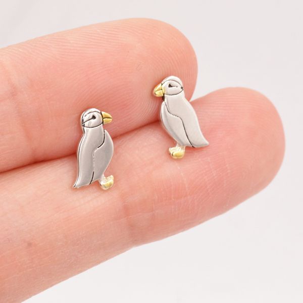 Puffin Bird Stud Earrings in Sterling Silver - Gold and Silver Two Tone - Cute, Fun, Whimsical and Pretty Jewellery