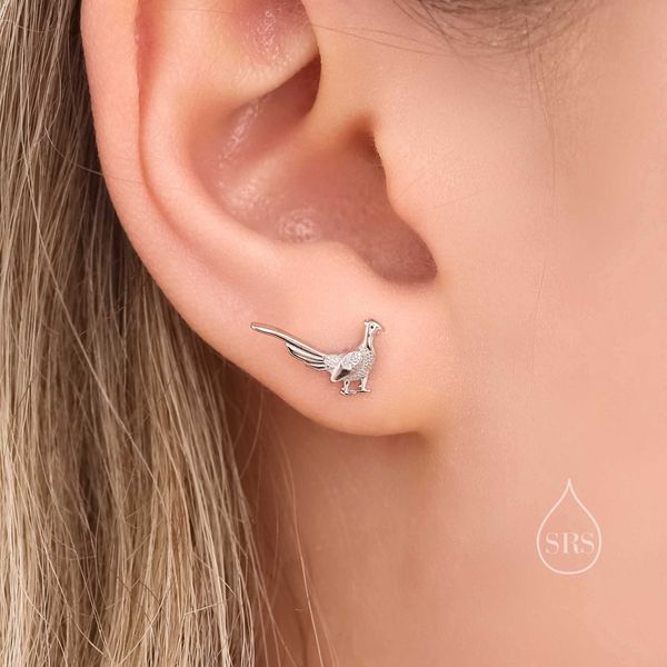 Sterling Silver Tiny Pheasant Bird Stud Earrings Earrings, Silver or Gold or Rose Gold, Pheasant Earrings in Sterling Silver