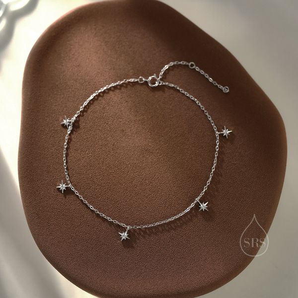 Starburst Charm Bracelet/Anklet in Sterling Silver, Silver, Gold or Rose Gold, North Star Dangle Bracelet, Sunburst Bracelet, Star Bracelet