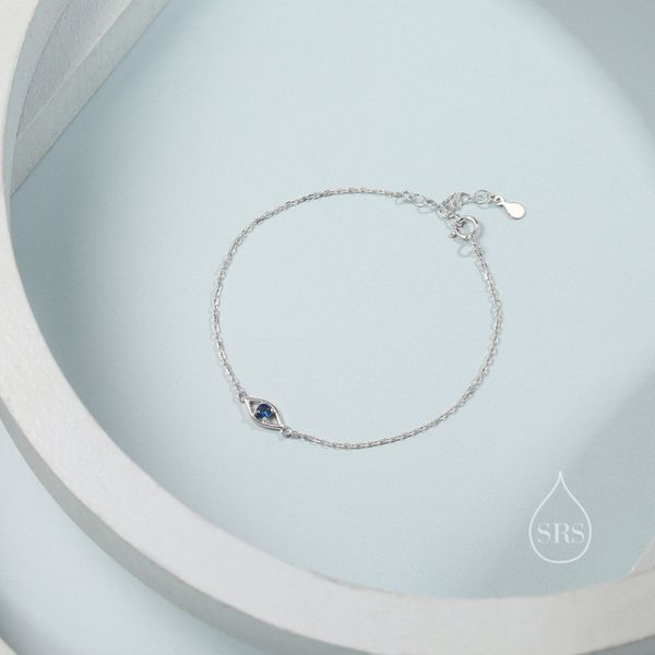 Evil Eye Bracelet in Sterling Silver, Silver or Gold, Hamsa Hand Evil Eye Bracelet, Sapphire Blue CZ Eye Bracelet