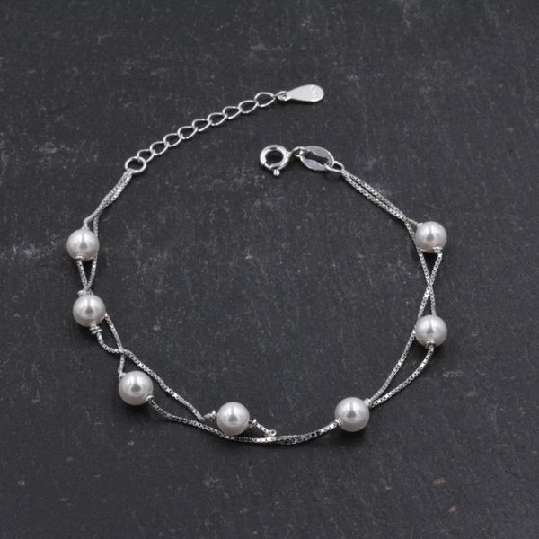 Sterling Silver Beautiful Pearl Minimalist Charm Layer Bracelet - Adjustable Length - Simple and Elegant Jewellery B58