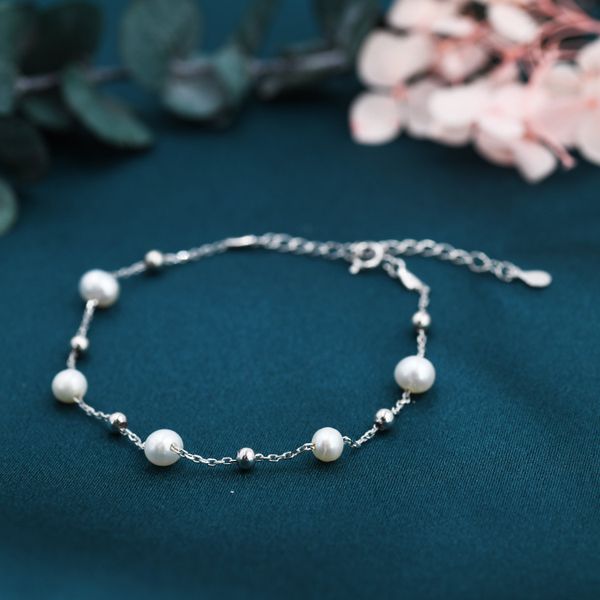 Sterling Silver Delicate Pearl and Silver Ball Beaded Bracelet, Silver or Gold, Genuine Freshwater Keshi Pearls, Natural Pearl Bracelet