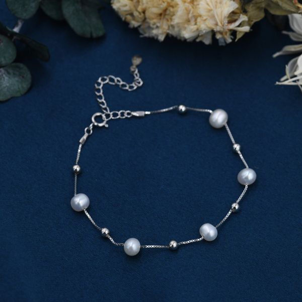 Sterling Silver Delicate Pearl and Silver Ball Beaded Bracelet, Silver or Gold, Genuine Freshwater Pearls, Natural Pearl Bracelet