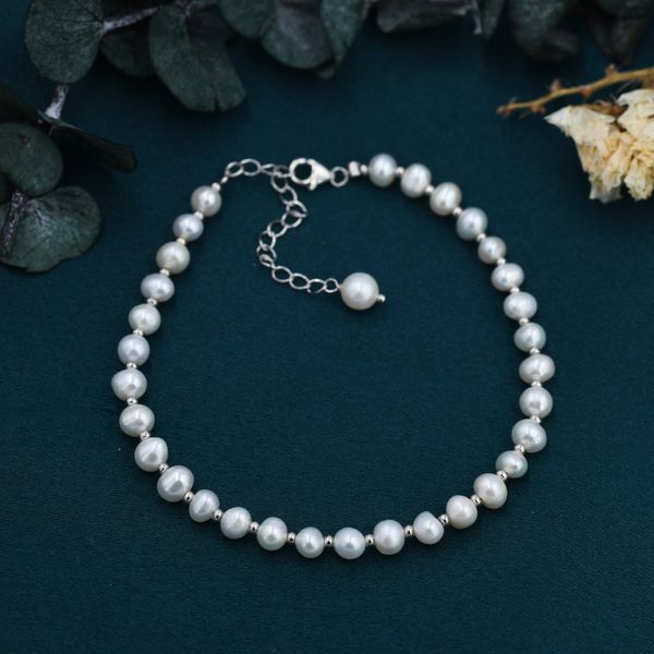 Sterling Silver Pearl and Silver Ball Beaded Bracelet, Silver or Gold, Real Freshwater Pearls, Real Pearl Bracelet, Bridal Jewellery