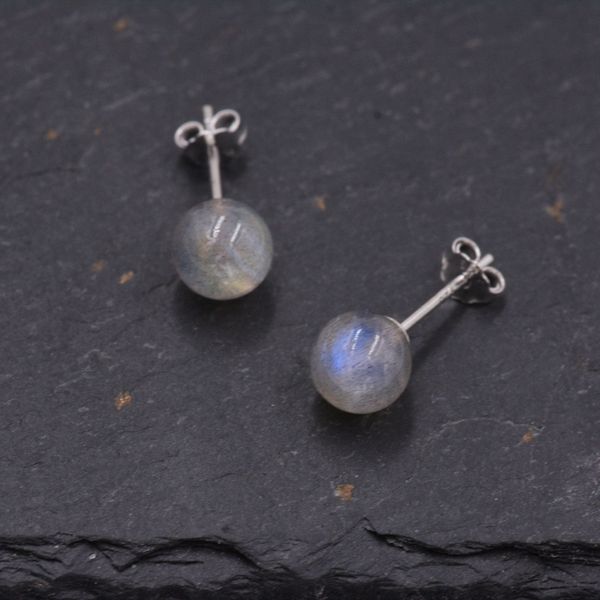 Grey Labradorite Gemstone Stud Earrings, Simple Ball Earrings, Sterling Silver Posts, Sphere Geometric Minimalist Design