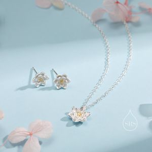 Sterling Silver Water lily Lotus Flower Blossom Stud Earrings and Necklace with Partial 18ct Gold Plating, Sweet Cute Pretty Jewellery