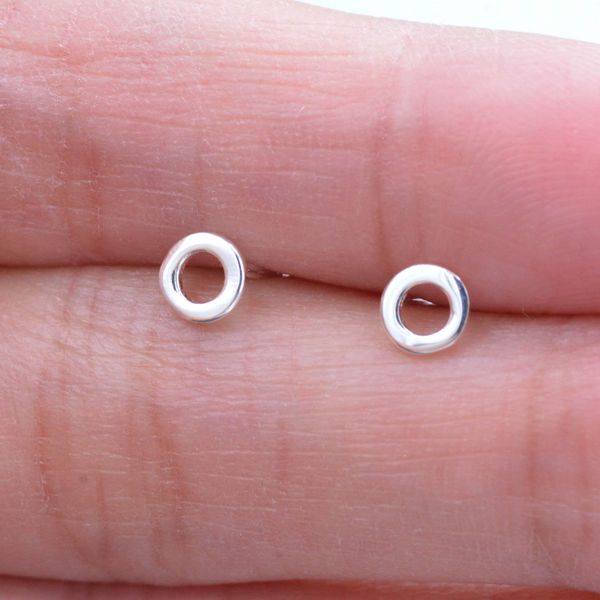 Small Pair of Sterling Silver Tiny Little Open Circle Dot Minimalist Geometric Stud Earrings, Dainty and Delicate Design