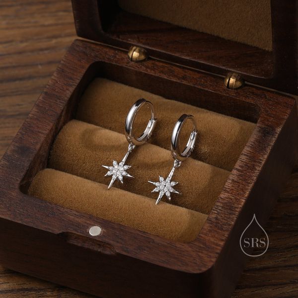 Starburst Huggie Hoop Earrings in Sterling Silver with Dangling Star Burst Charms, Celestial Geometric Design