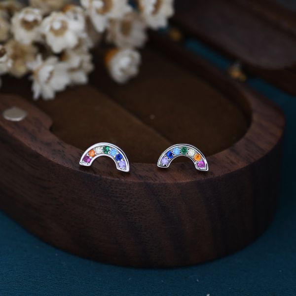 Sterling Silver CZ Crystal Rainbow Stud Earrings, Gold and Silver, Cute and Quirky Jewellery