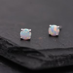 Minimalist Opal Stud Earrings in Sterling Silver, Simulated White Opal, Tiny Circle Dot Jewellery