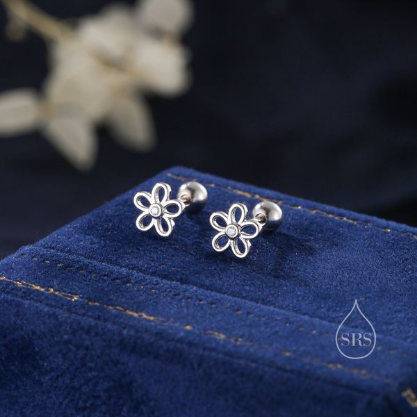 Forget me not Screw Back Earrings in Sterling Silver, Flower Barbell Earrings, Daisy Screw Back Earrings, Flower Screwback