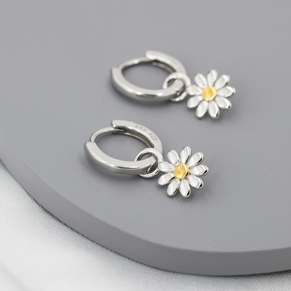 Little Daisy Flower Charmed Hoop Earrings in Sterling Silver - Cute Flower Blossom Huggie Hoop Earrings  -   Fun, Whimsical