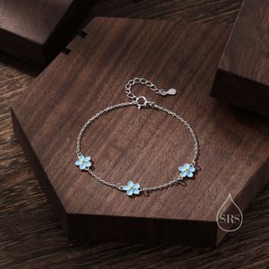 Enamel Forget Me Not Flower Motif Bracelet in Sterling Silver, Flower Bracelet, Blossom Bracelet, Forget-me-not Flower Bracelet