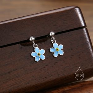 Sterling Silver Enamel Forget-me-not Flower Drop Stud Earrings, Dainty Dangle Forget Me Not Flower Earrings