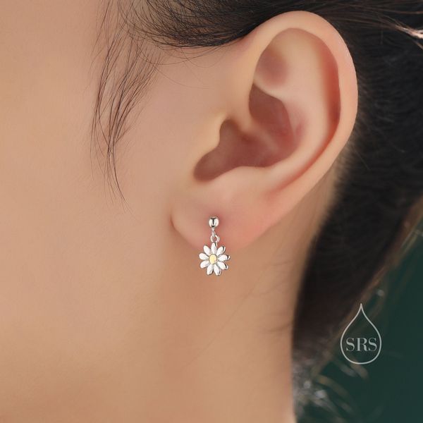 Sterling Silver Daisy Drop Stud Earrings, Delicate Dainty Dangle Daisy Flower Earrings