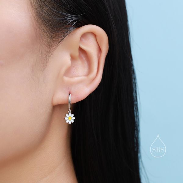 Sterling Silver Enamel Daisy Huggie Hoops, Dainty Dangle Daisy Earrings, Flower Hoops? Daisy Hoop Earrings