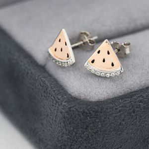 Watermelon Stud Earrings in Sterling Silver, Rose Gold Over Silver, Fruit Earrings, Melon Earrings