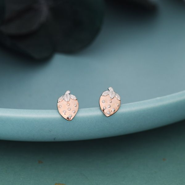 Strawberry Stud Earrings in Sterling Silver, Silver and Rose Gold Two Tone Earrings, Fruit Earrings, Summer Earrings