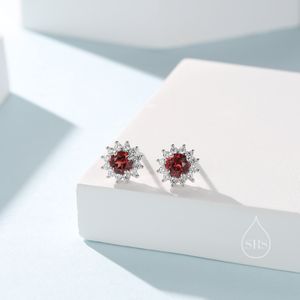 Genuine Garnet Crystal Stud Earrings in Sterling Silver, Natural Red Garnet Halo Stud Earrings