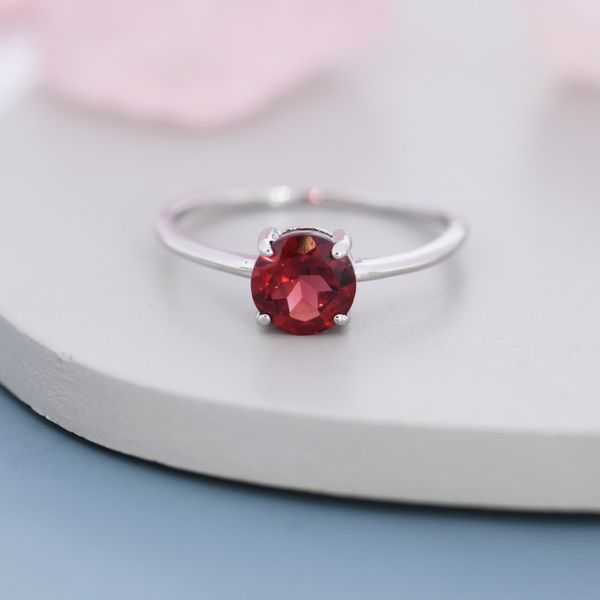 Genuine 1Ct Garnet Ring in Sterling Silver, Natural Brilliant Cut Garnet Ring, Stacking Rings, US 5-8