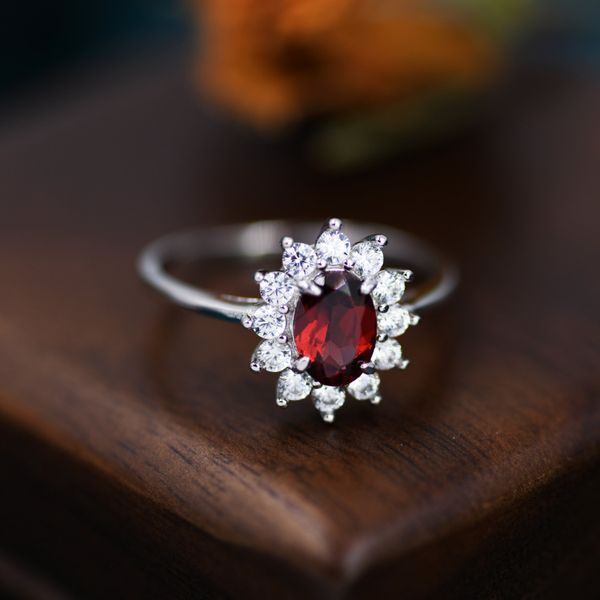 Genuine Garnet and CZ Halo Ring in Sterling Silver, Natural Garnet Stone Ring, Stacking Rings, US 5-8