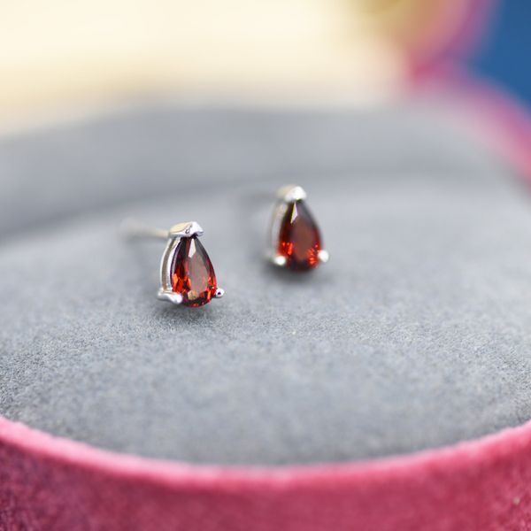 Genuine Garnet Crystal Droplet Stud Earrings in Sterling Silver, Natural Garnet Pear Shape Stud Earrings, January Birthstone