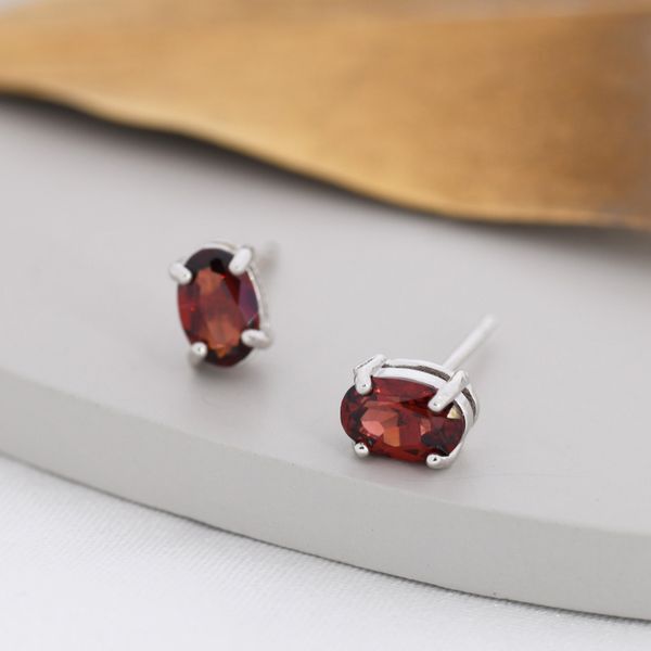 Genuine Garnet Crystal Stud Earrings in Sterling Silver, Natural Red Garnet Oval Earrings, January Birthstone