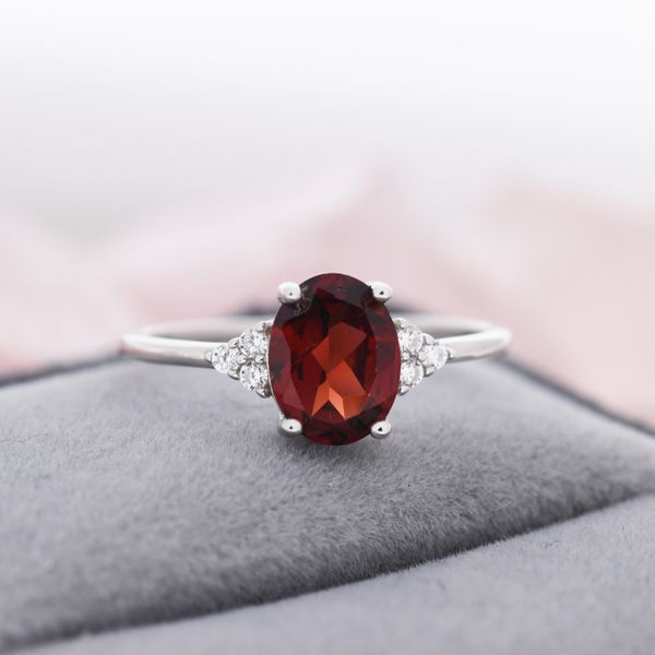 Genuine Garnet Oval Ring in Sterling Silver, Natural Red Garnet Ring, Three CZ, Garnet Crystal, Vintage Inspired Design, US 5 - 8