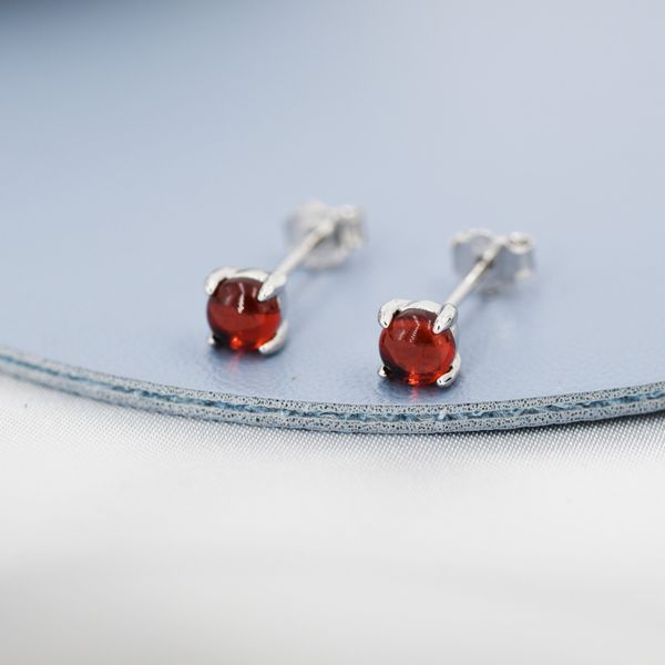 Natural Garnet Stud Earrings in Sterling Silver, Semi-Precious Gemstone Earrings, 4mm, 4 prong Genuine Garnet Earrings, January Birthstone