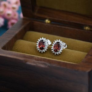 Genuine Garnet Red Crystal Stud Earrings in Sterling Silver, Natural Red Garnet Oval Stud Earrings