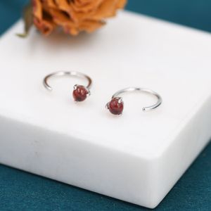 Genuine Garnet Huggie Hoop Earrings in Sterling Silver, 3mm Natural Garnet Open Hoops, Pull Through Threaders, Half Hoops, C Shape Hoops