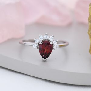 Genuine Pear Cut Garnet Crown Ring in Sterling Silver, Natural Garnet Crystal Ring, Vintage Inspired Design, US 5 - 8