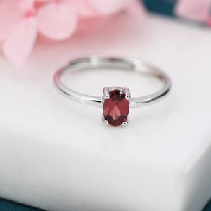 Natural Red Garnet Oval Ring in Sterling Silver,  4x6mm, Prong Set Oval Cut, Adjustable Size, Genuine Garnet Ring, January Birthstone