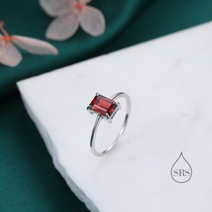 Genuine Emerald Cut Garnet Ring in Sterling Silver, Natural Garnet Stone Ring, Stacking Rings, US 5-8