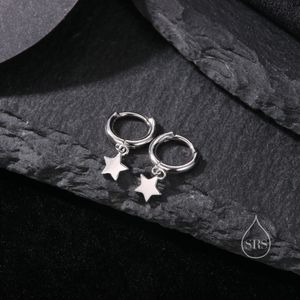 Cartilage Star Hoops, 6mm or 8mm Star Dangle Huggie Hoop Earrings in Sterling Silver, Silver or Gold or Rose Gold, Delicate Star Skinny Hoop