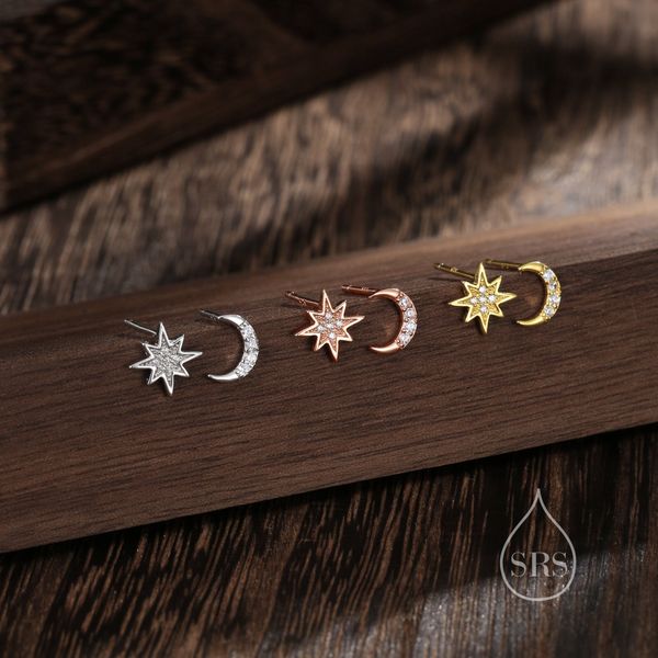 Asymmetric Moon and Starburst Stud Earrings, Silver, Gold or Rose Gold, Star Stud Earrings, Petite Celestial Earrings