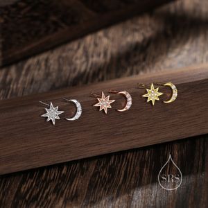 Asymmetric Moon and Starburst Stud Earrings, Silver, Gold or Rose Gold, Star Stud Earrings, Petite Celestial Earrings