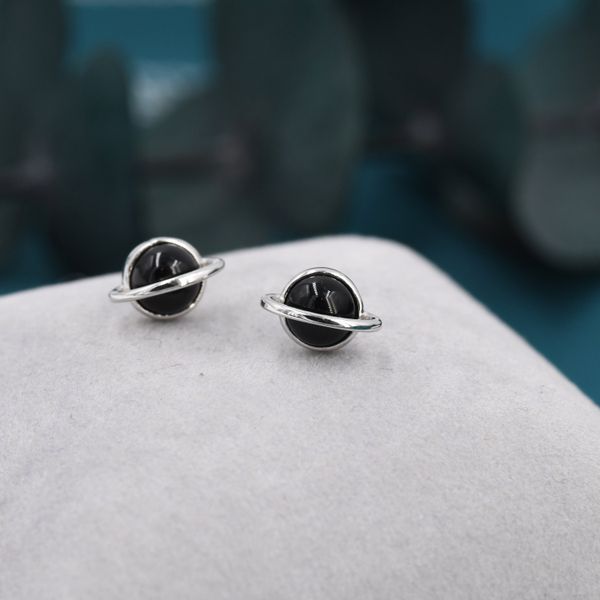 Genuine Black Onyx Planet Stud Earrings in Sterling Silver, Black Onyx Planet Earrings, Black Onyx Saturn Earrings