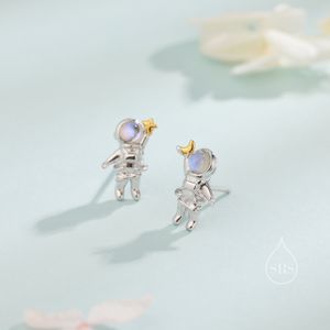 Astronaut Stud Earrings in Sterling Silver with Moonstone, Mismatched Moon and Star Astronaut Earrings, Asymmetric Spaceman Earrings