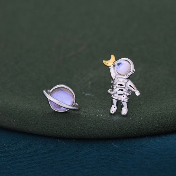 Mismatched Astronaut and Planet  Stud Earrings in Sterling Silver, Asymmetric Planet and Spaceman Earrings with Moonstone, Cute and Fun