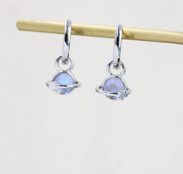 Moonstone Planet and Star Huggie Hoop Earrings in Sterling Silver, Simulated Moonstone, Detachable Charms, Saturn Earrings