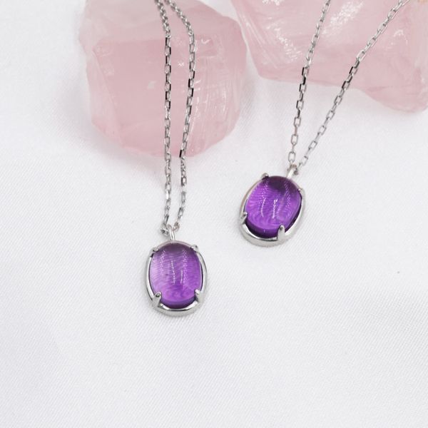 Genuine Amethyst Crystal Oval Necklace in Sterling Silver, Oval Cabochon Natural Amethyst Necklace, February Birthstone