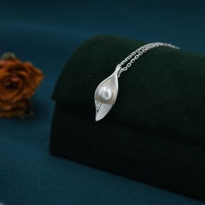 Sterling Silver Beautiful Calla Lily Flower Blossom Beautiful and Elegant Pendant Necklace  - with Freshwater Pearl - Delicate