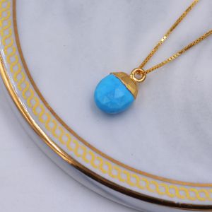 Dainty Gold Dipped Turquoise Stone Pendant Necklace in Sterling Silver, Droplet Faceted Natural Gemstone Jewellery, Delicate and Petite