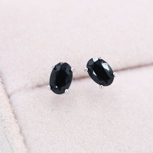 Genuine Black Onyx Oval Stud Earrings in Sterling Silver, Natural Oval Black Onyx Crystal Earrings