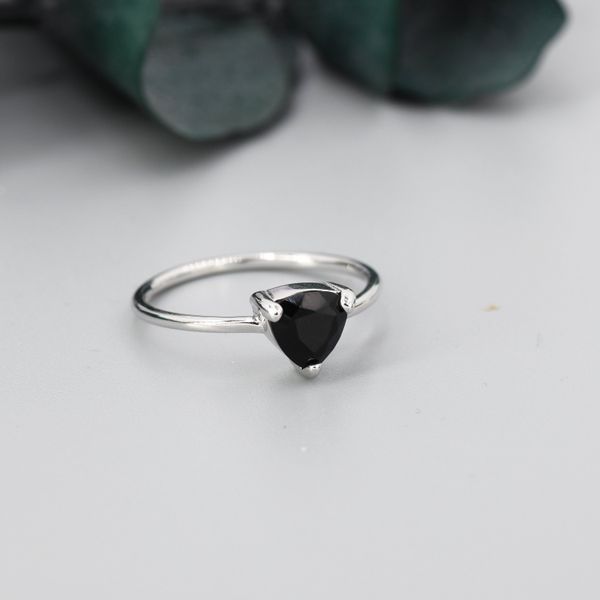 Genuine Black Onyx Ring in Sterling Silver, Natural Trillion Cut Onyx Ring, Stacking Rings, US 5-8