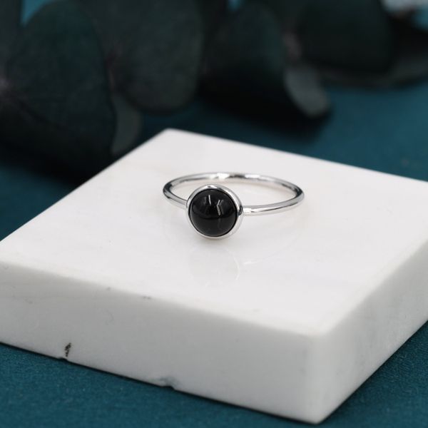 Genuine Black Onyx Ring in Sterling Silver, US 5 - 8, Natural Black Onyx Ring, 6mm Black Onyx Ring