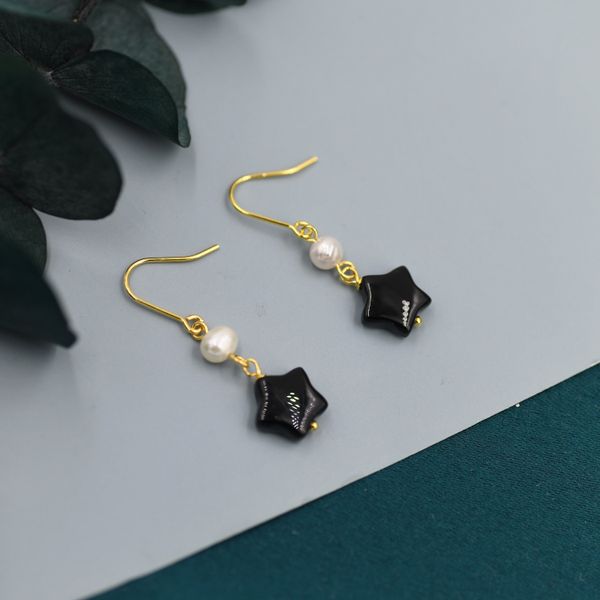 Genuine Black Onyx Star and Pearl Drop Earrings in Sterling Silver, Natural Onyx and Freshwater Pearl Drop Hook Earrings, Star