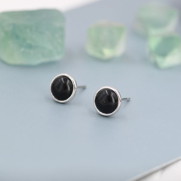 Genuine Black Onyx Stud Earrings in Sterling Silver, 4mm or 6mm, Cabochon Bezel Stud Earrings